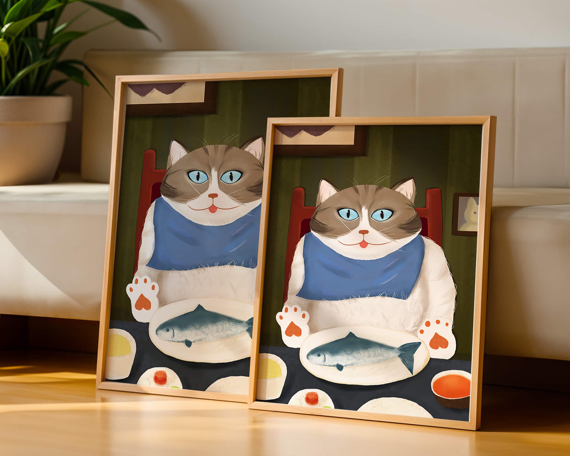 Ilustración de un gato comiendo con pescado y babero azul