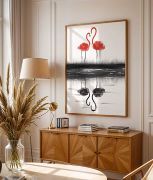 Flamencos elegantes reflejándose en el agua con un contraste artístico