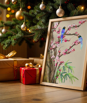 Illustration sereine d’oiseaux sur des branches en fleurs avec des feuilles de bambou