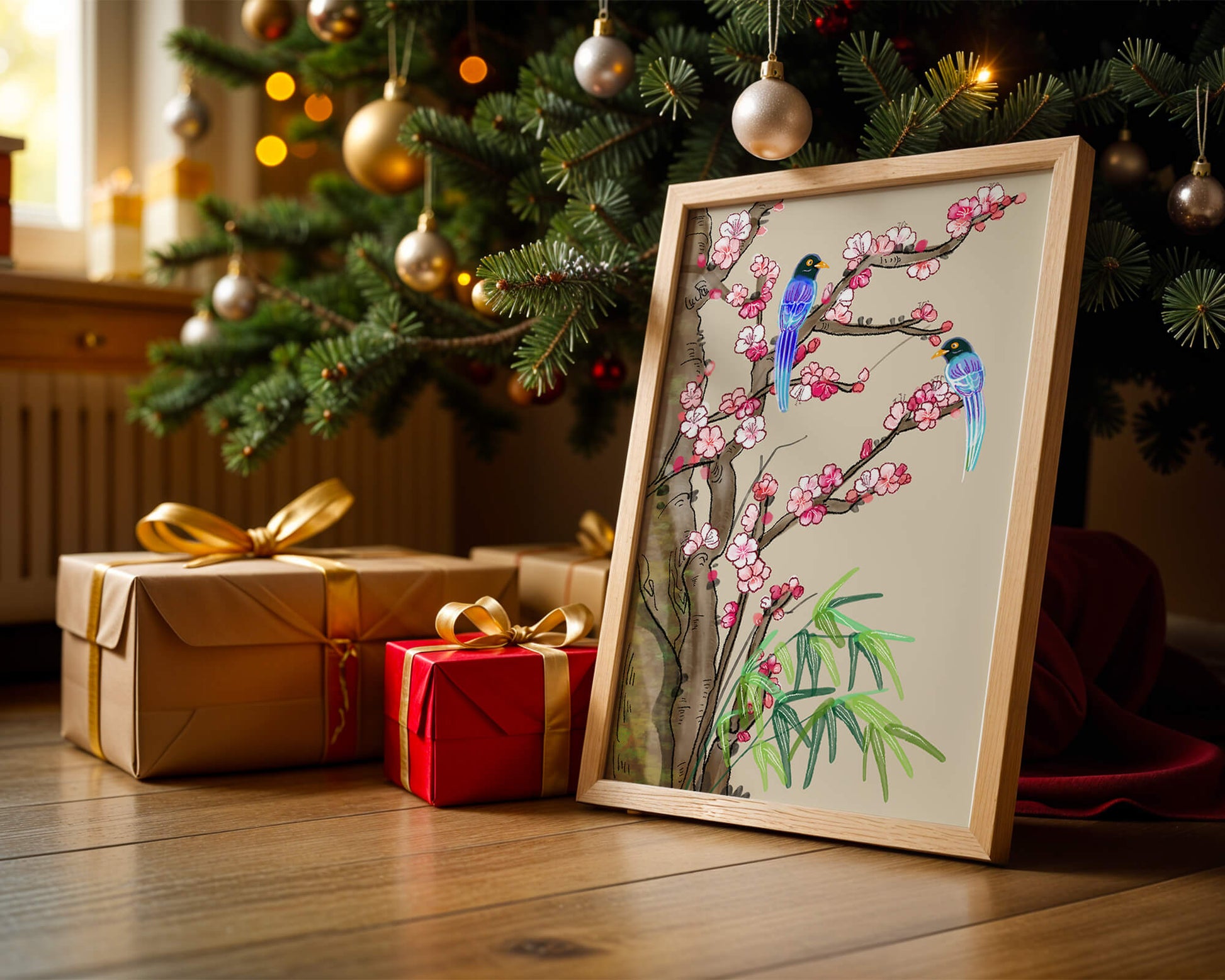 Illustration sereine d’oiseaux sur des branches en fleurs avec des feuilles de bambou
