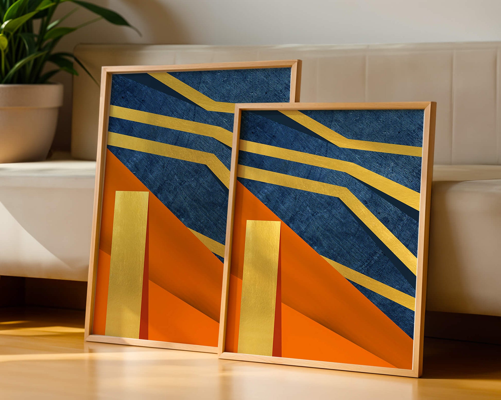 Composición geométrica abstracta con elementos dorados, azules y naranjas