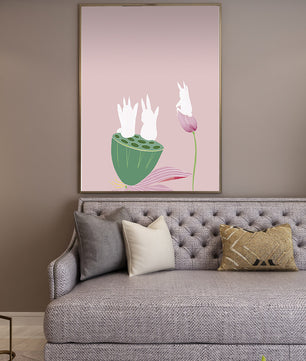 Whimsical Rabbits on Lotus with Pink Background