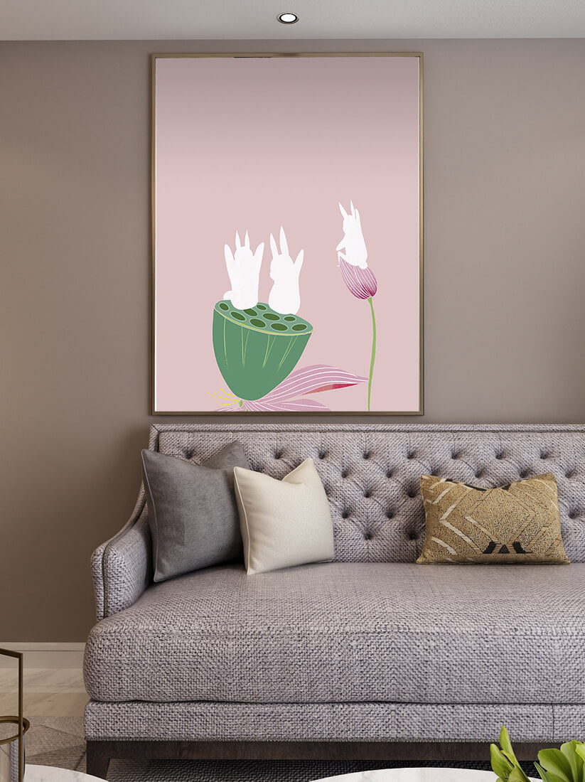 Whimsical Rabbits on Lotus with Pink Background
