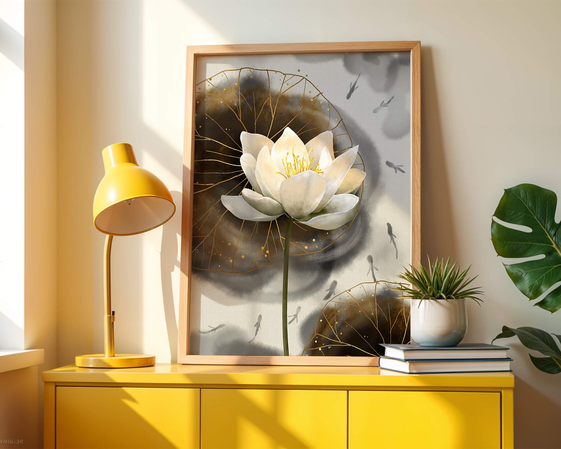 Illustration of a lotus flower with golden accents