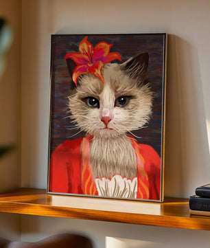 Retrato de gato con acentos de flores vibrantes y atuendo colorido