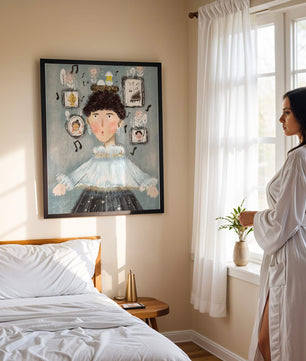 Retrato ilustrado caprichoso con elementos musicales y dorados