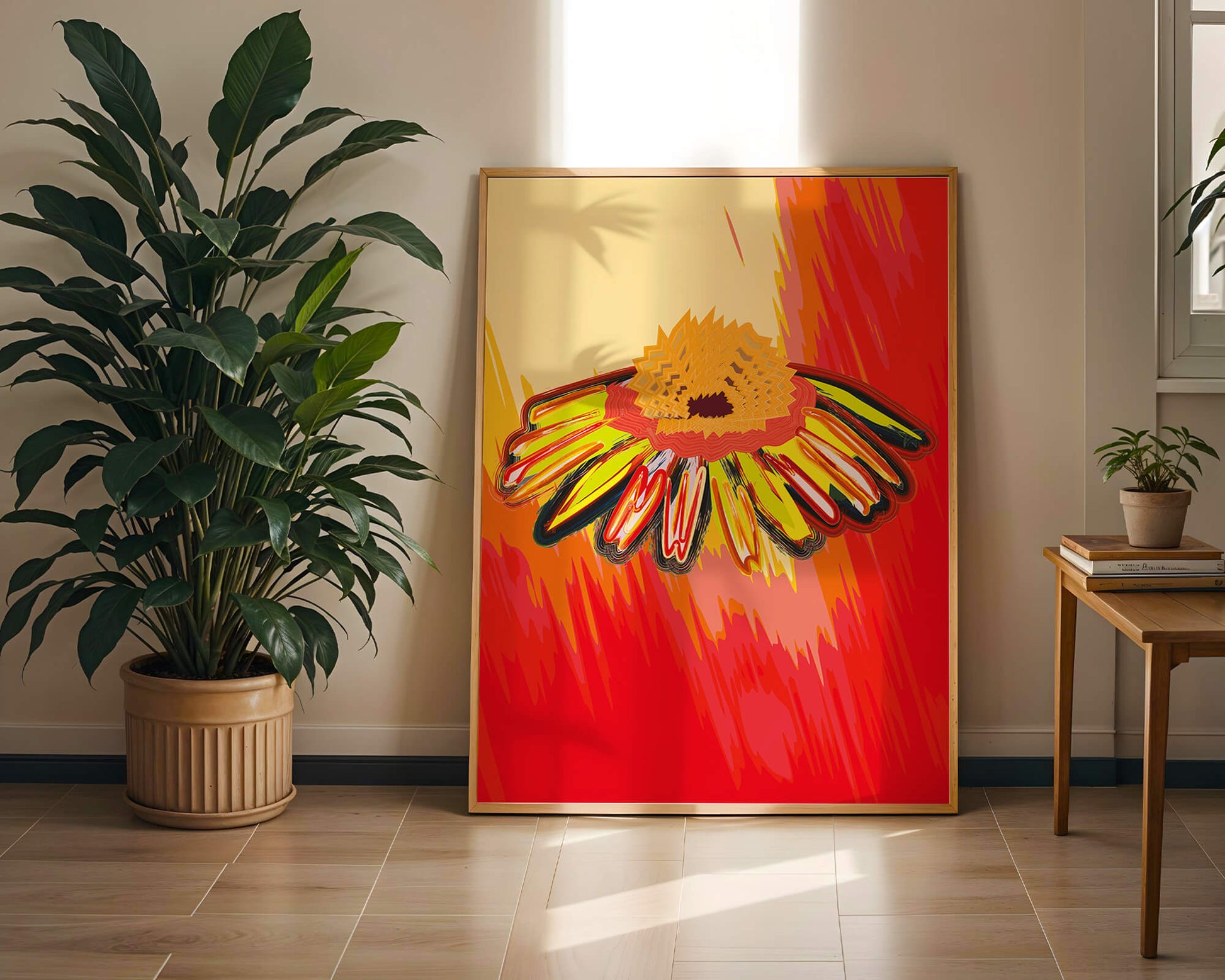 Abstract vibrant flower illustration with bold colors and dynamic strokes
