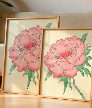 Delicate Pink Peony with Green Leaves Illustration