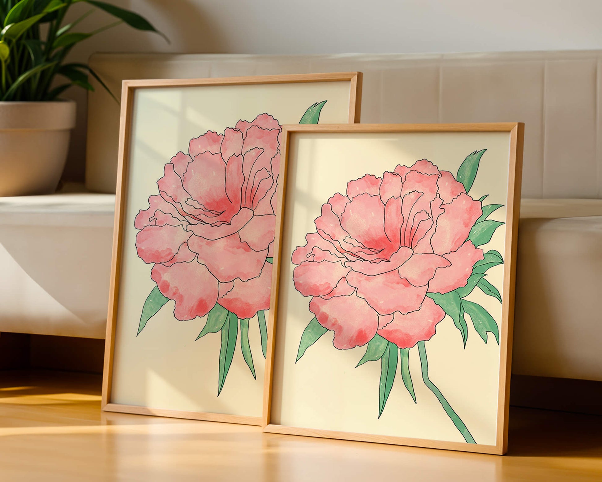 Delicate Pink Peony with Green Leaves Illustration