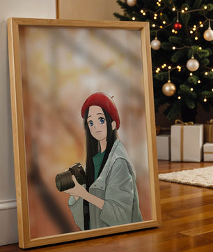 Chica de anime con boina roja sosteniendo una cámara durante el otoño