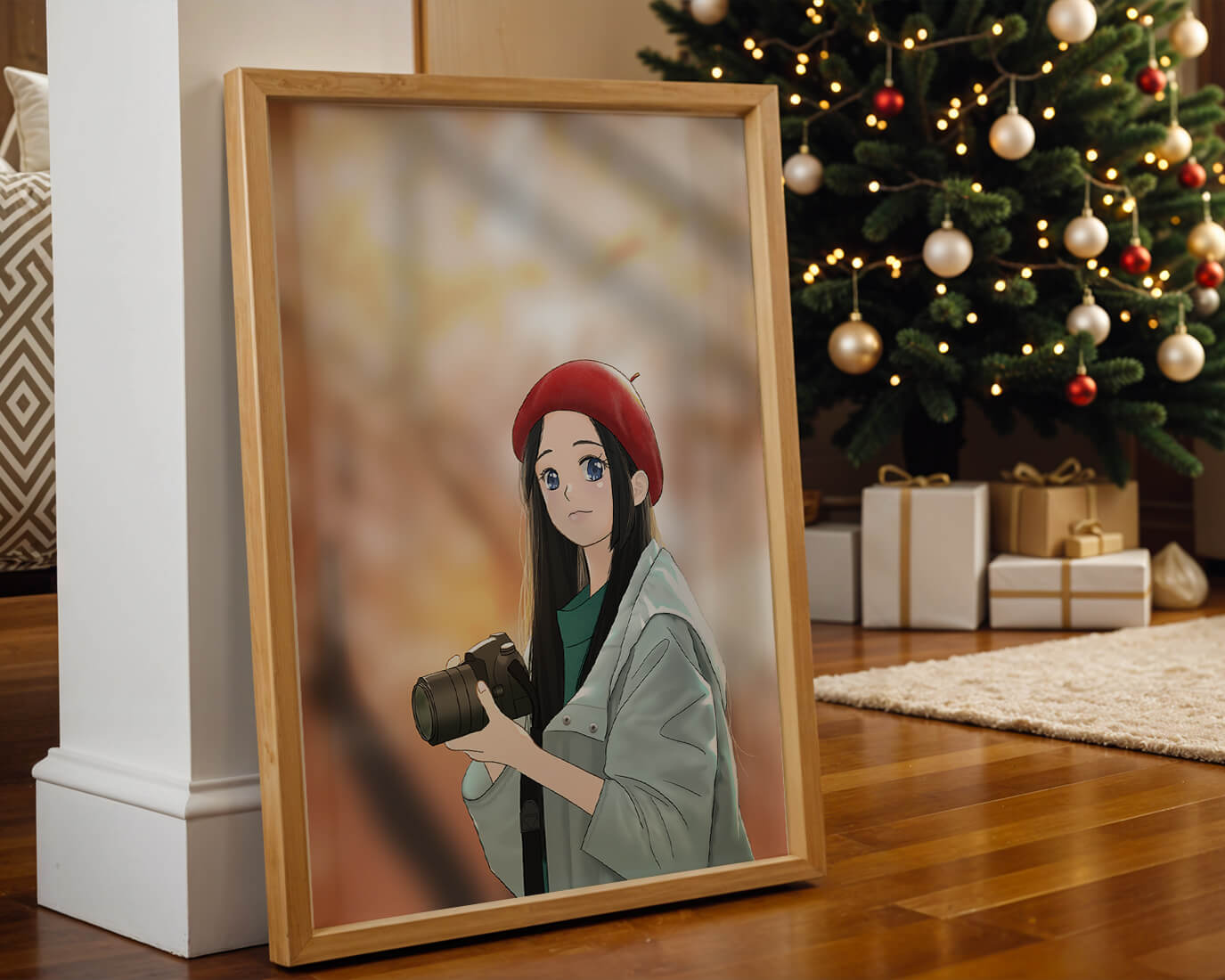 Anime girl in red beret holding camera during autumn