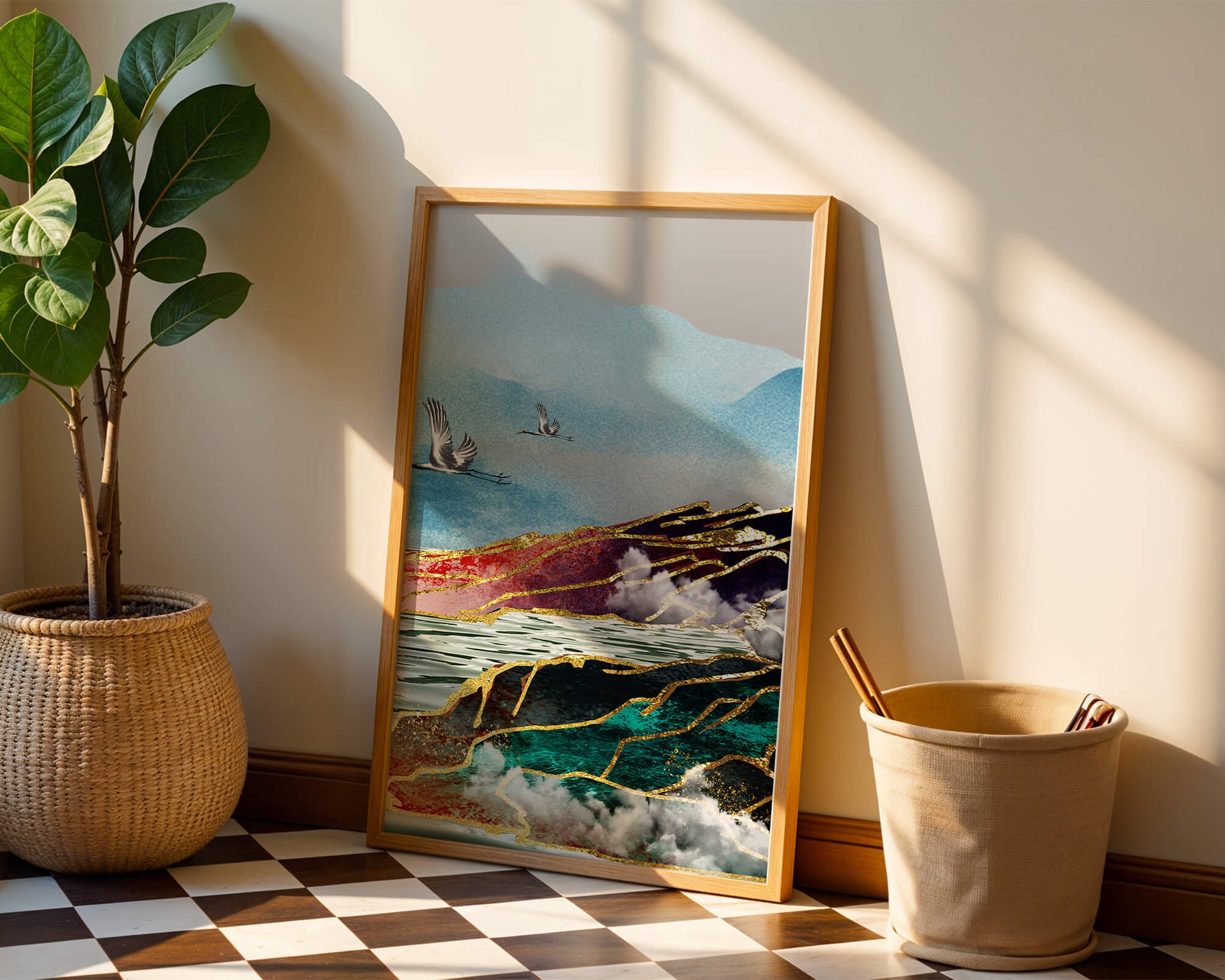 Majestic Landscape With Flying Cranes And Golden Accents