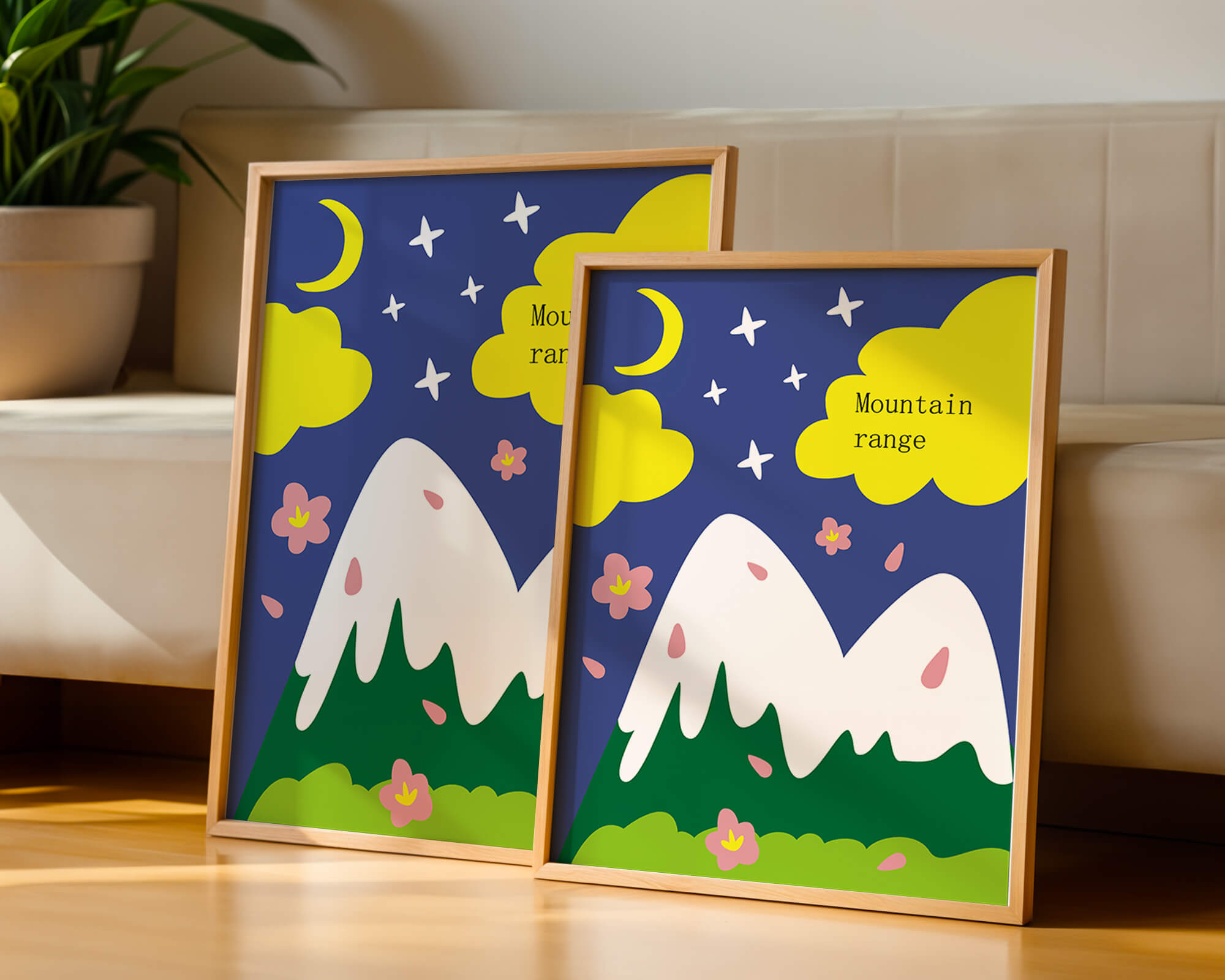 Stylized mountain landscape with starry night background and vibrant clouds