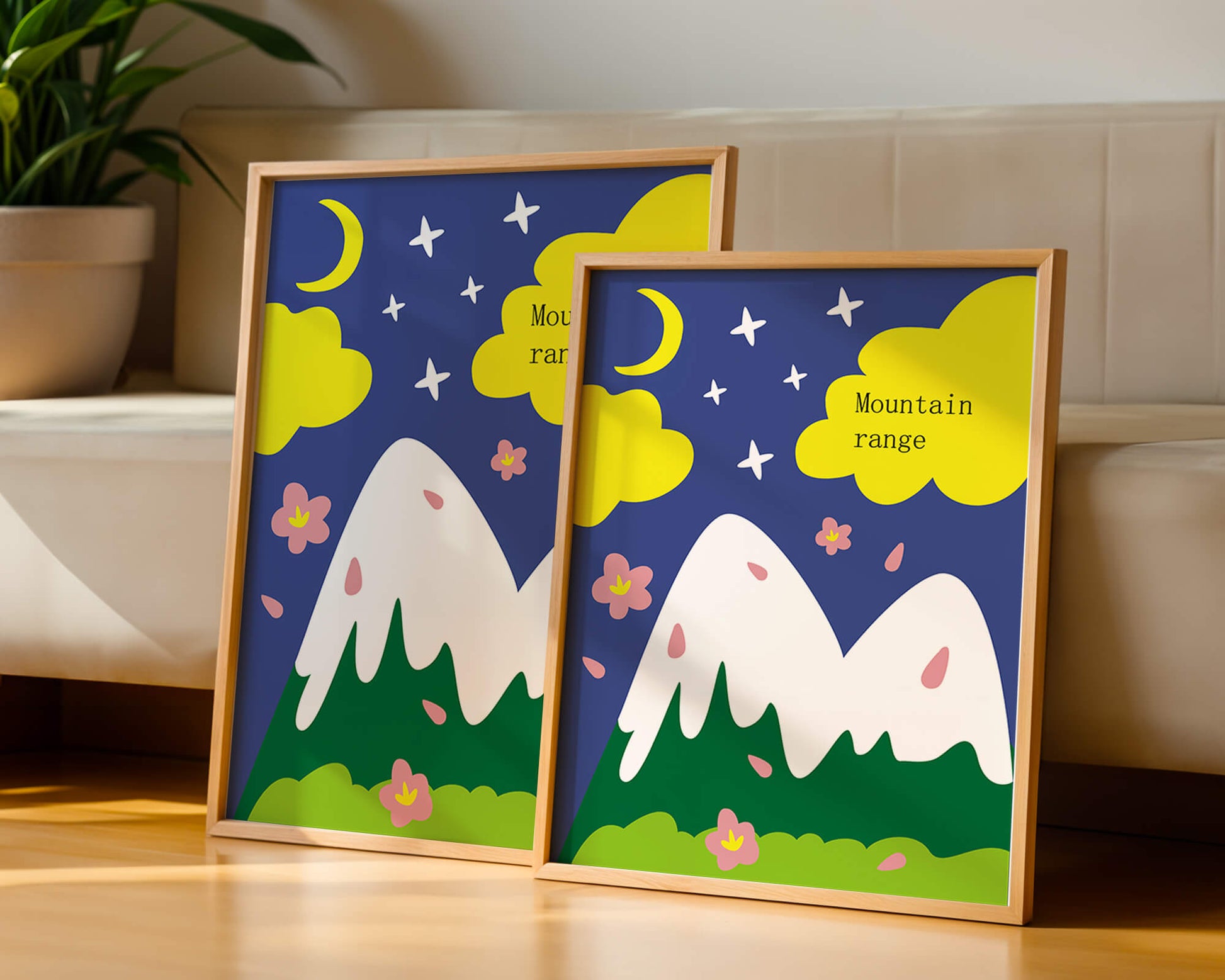 Stylized mountain landscape with starry night background and vibrant clouds