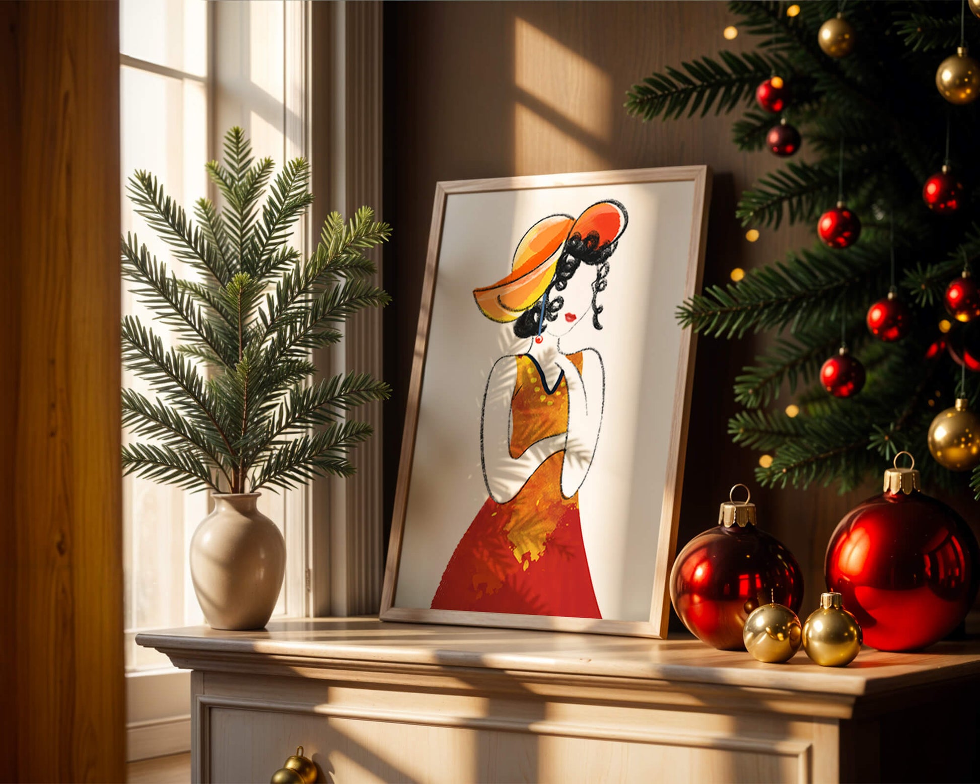 Elegant woman in a vibrant hat and dress illustration