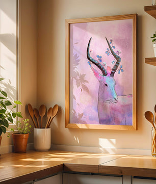 Pastel watercolor illustration of antelope with floral horns