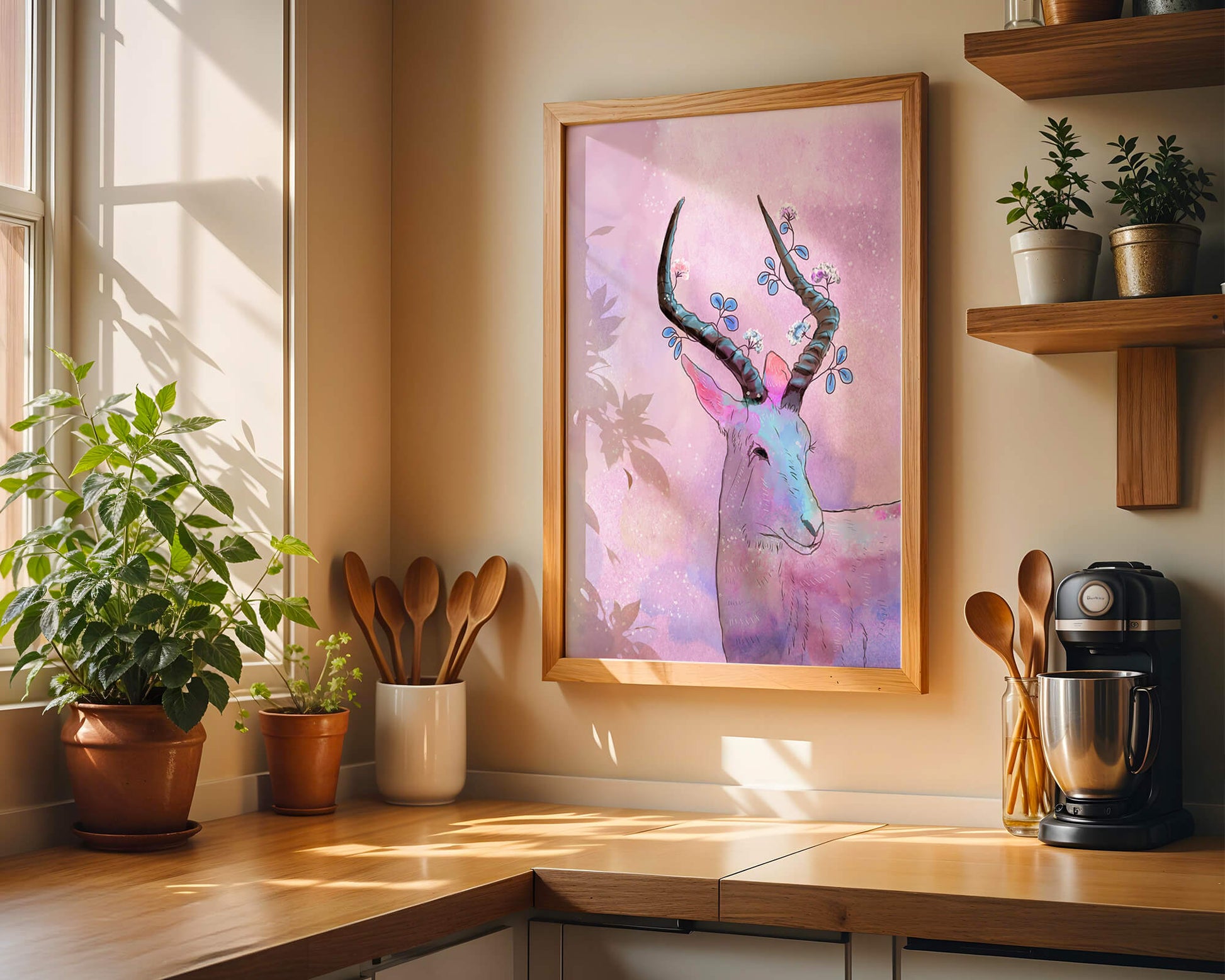 Pastel watercolor illustration of antelope with floral horns