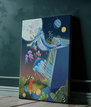 Vida oceánica surrealista emergiendo de un libro en una escena forestal onírica