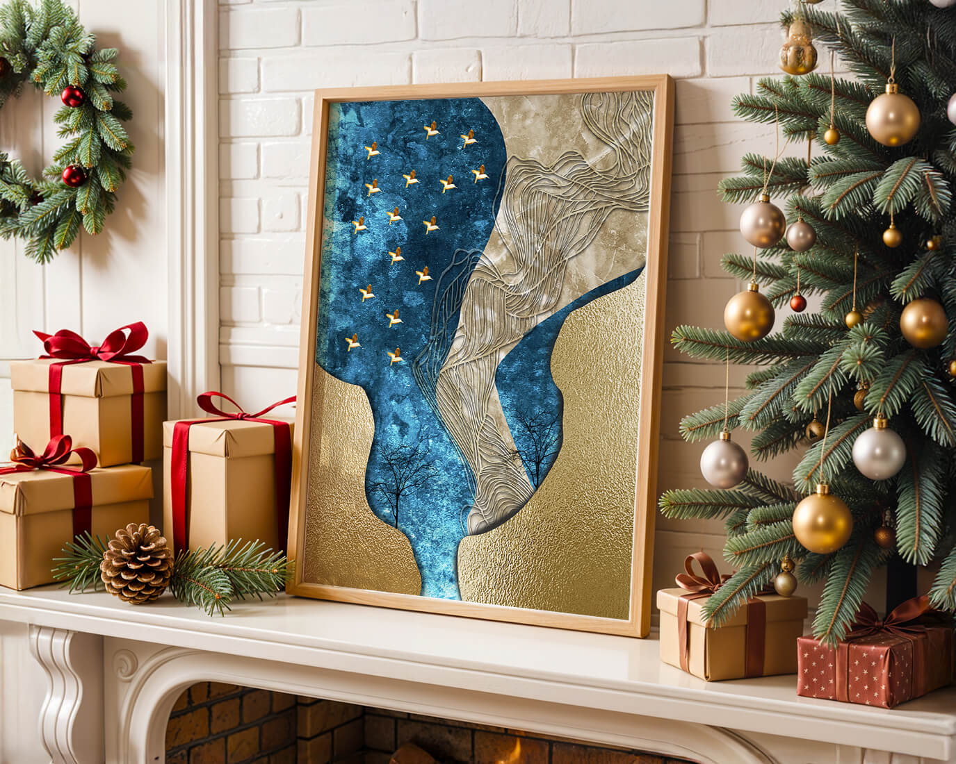 Abstract Textured Landscape with Gold and Blue Elements