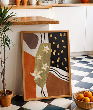Abstract floral artwork with gold accents and earthy tones