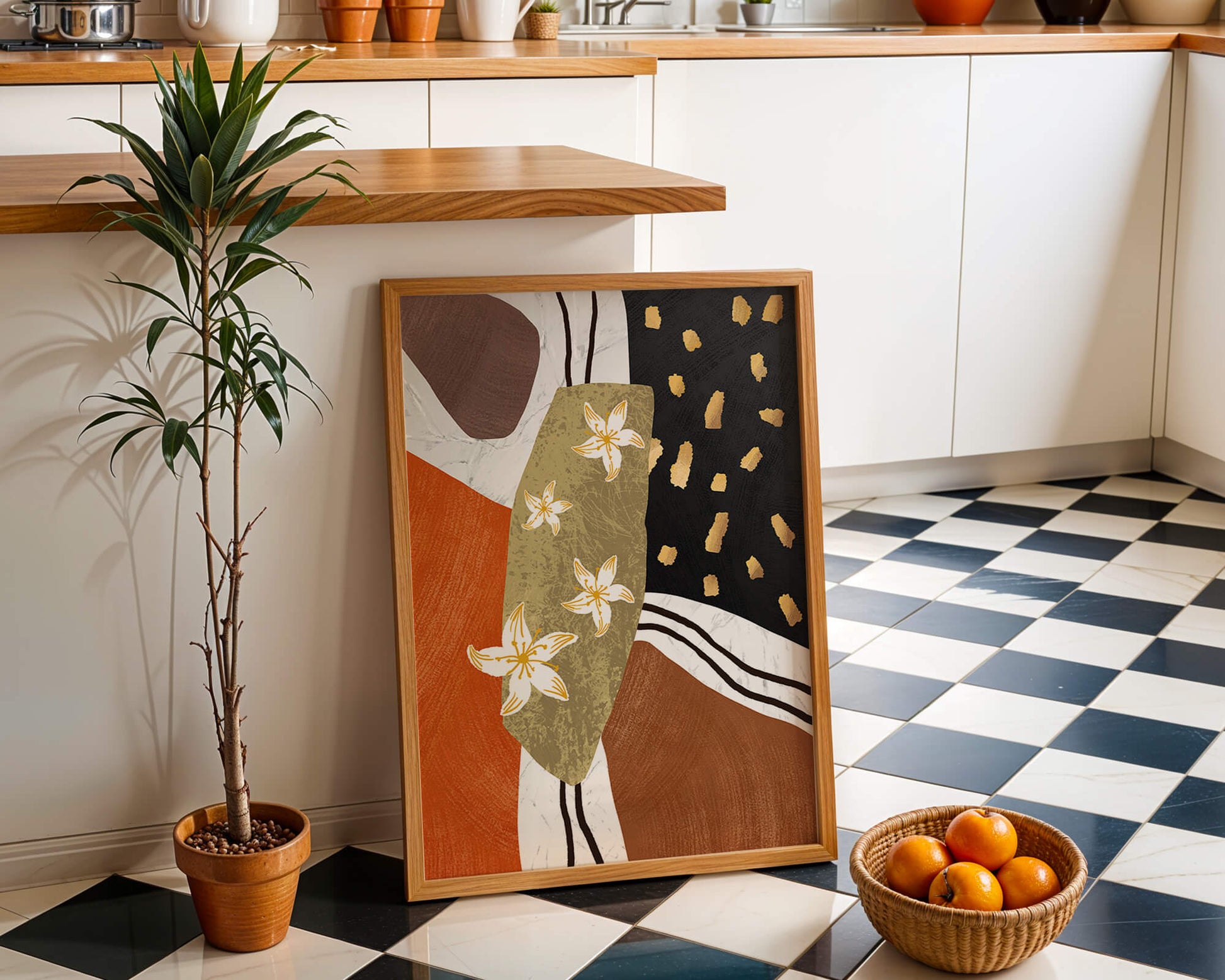Abstract floral artwork with gold accents and earthy tones