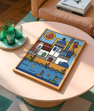 Bunte geometrische Küstendorf-Illustration mit Vögeln und Booten