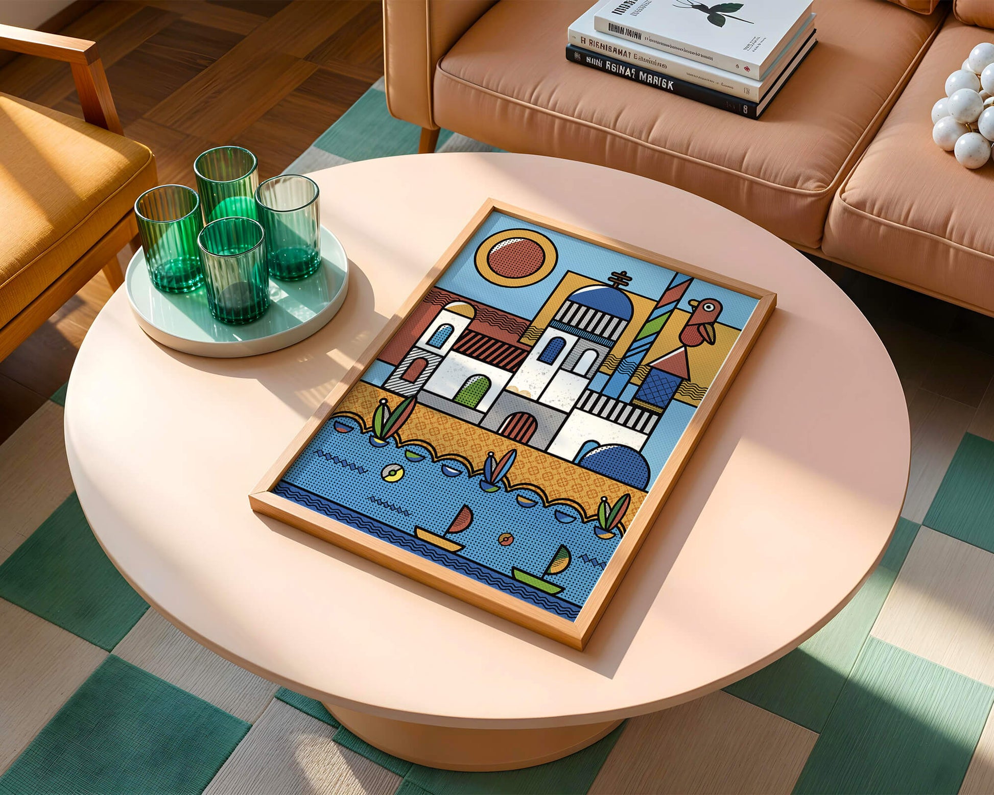 Bunte geometrische Küstendorf-Illustration mit Vögeln und Booten