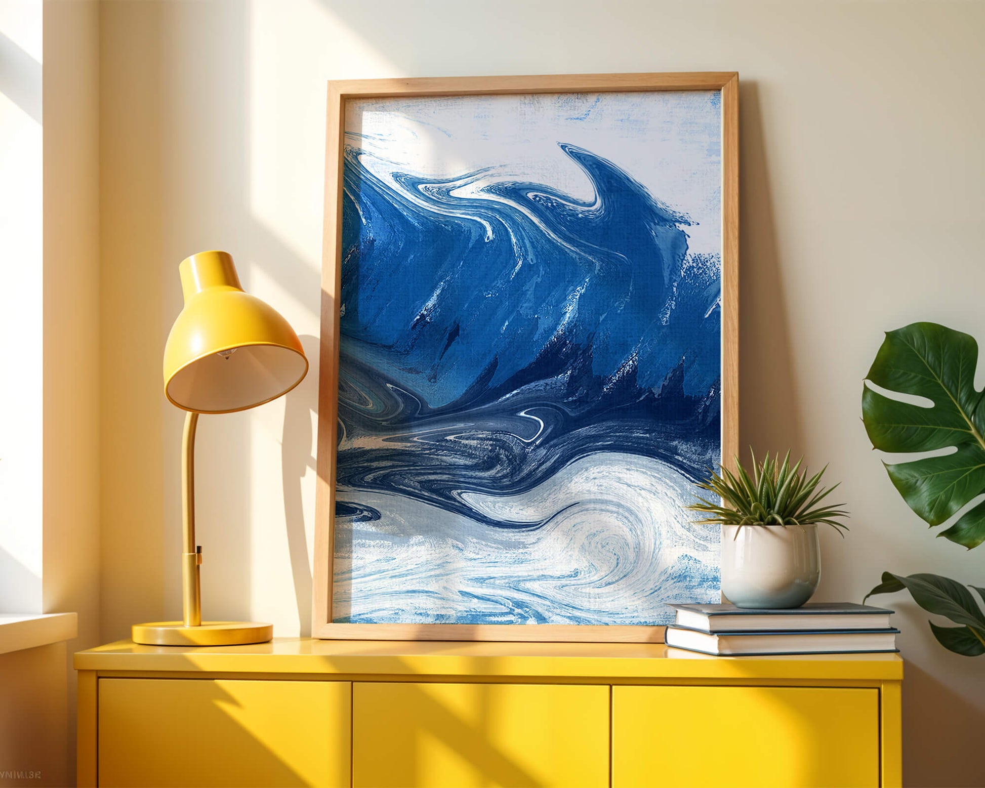 Abstract blue and white ocean wave painting with swirling patterns
