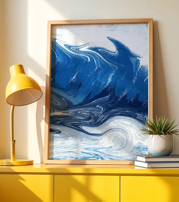 Abstract blue and white ocean wave painting with swirling patterns