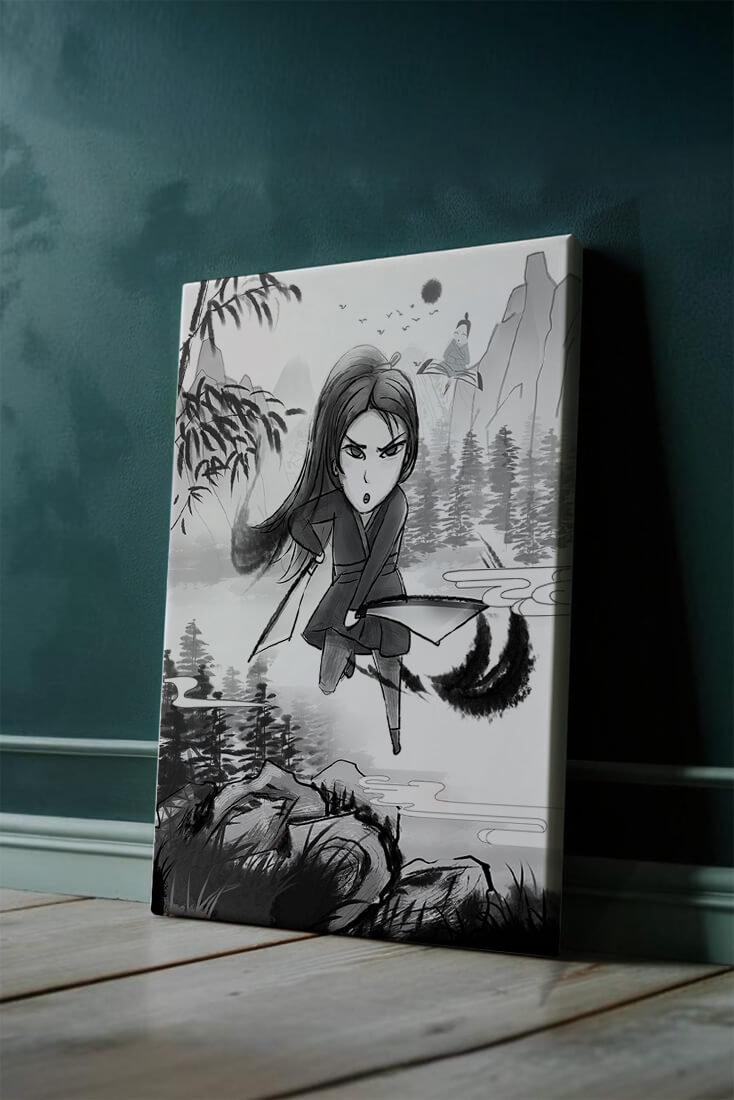 Warrior In A Mystical Landscape With Mountains And Rivers