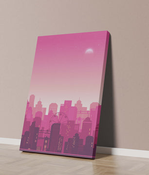 Skyline urbano al anochecer con degradado rosa y noria