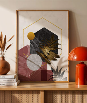 Abstract Geometric Composition with Gold and Leaf Motif - Mi tienda