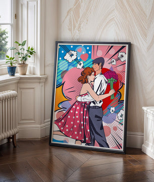 Pareja abrazándose en estilo pop art con un fondo colorido