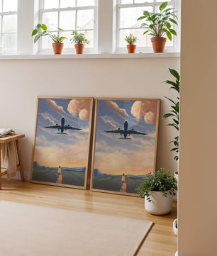 Serene airport departure with airplane and traveler at sunset