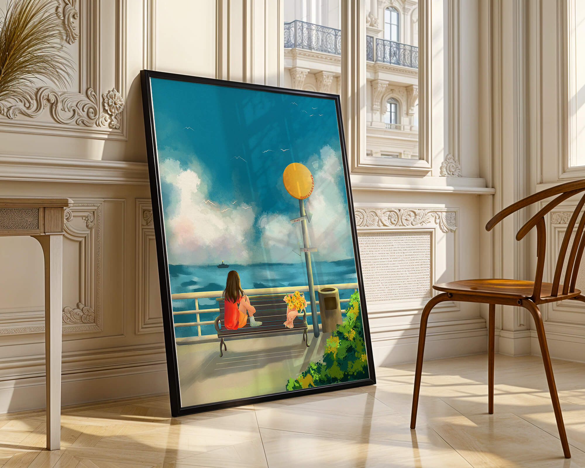 Serene waterfront scene with woman on bench facing the sea