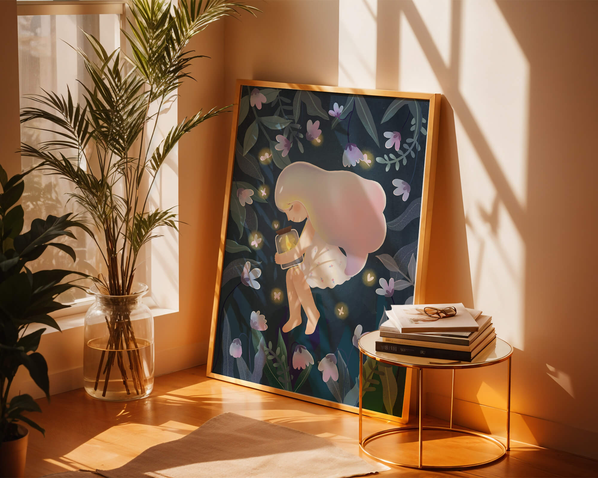 Illustration of a girl with glowing jar in moonlit garden