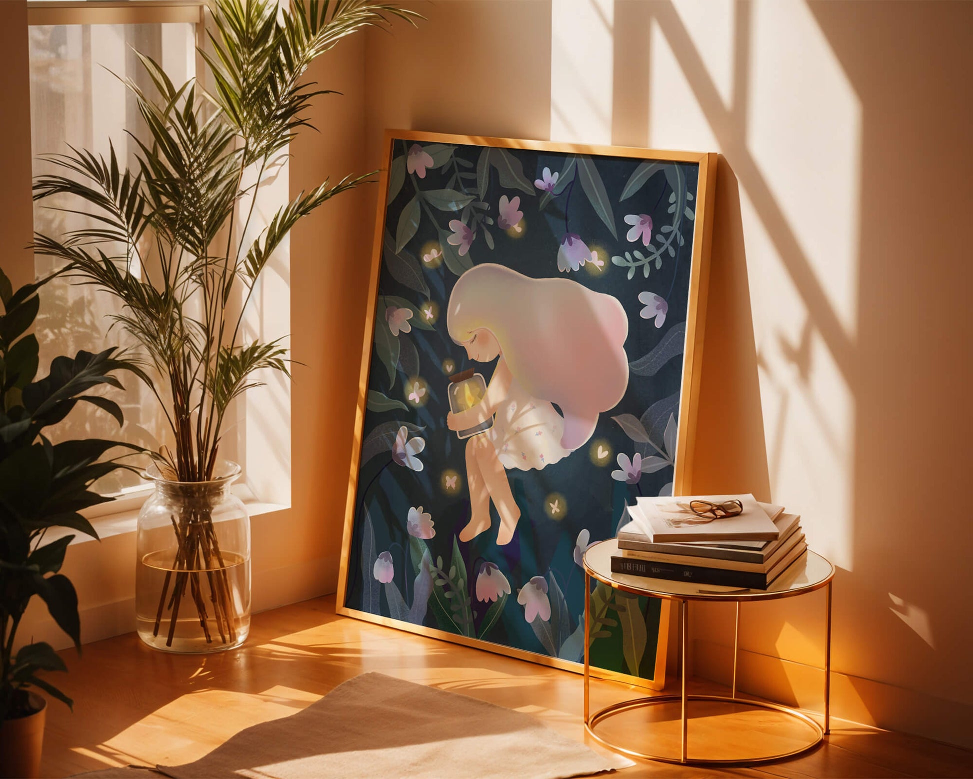 Illustration of a girl with glowing jar in moonlit garden