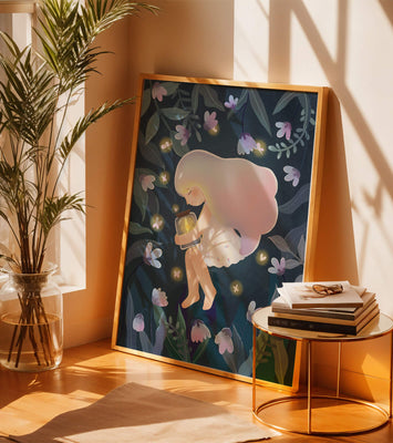 Illustration of a girl with glowing jar in moonlit garden