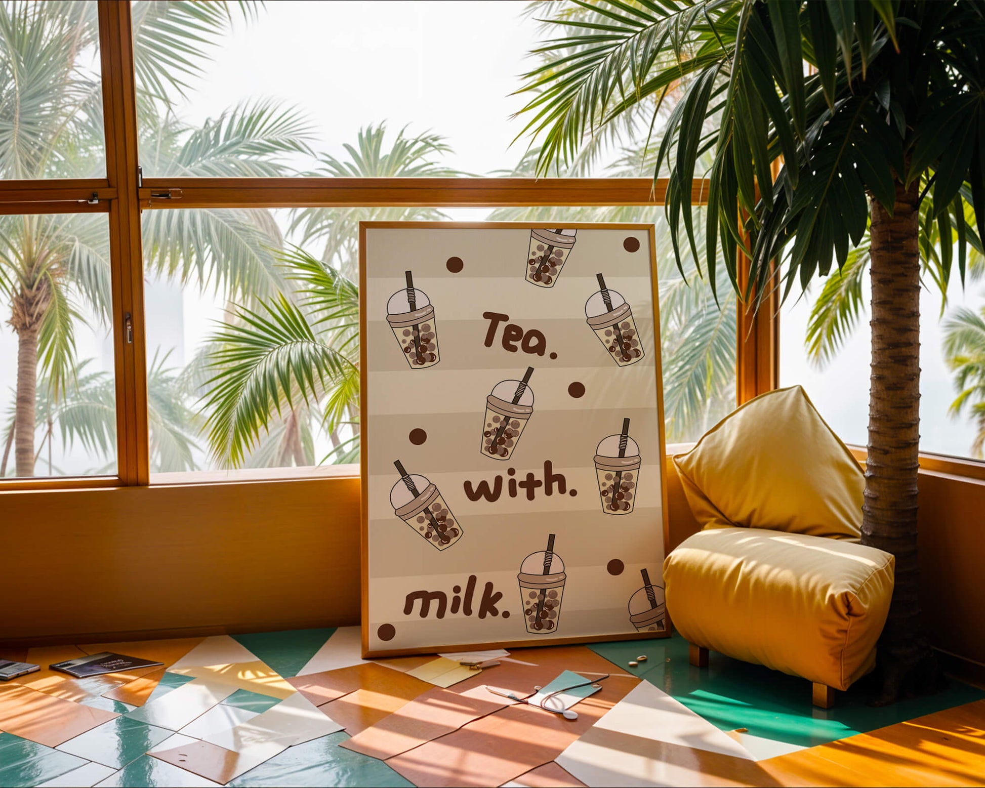 Boba tea pattern with text and bubble illustrations