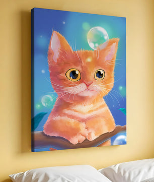 Adorable orange kitten illustration with bubbles and a colorful background