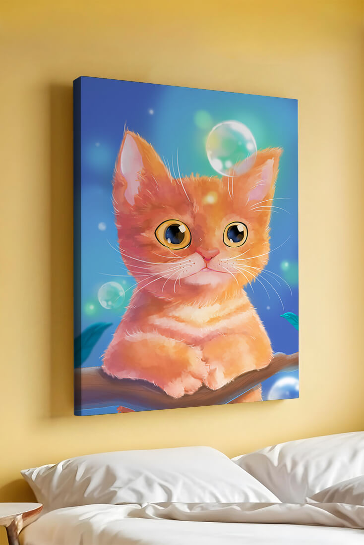 Adorable orange kitten illustration with bubbles and a colorful background