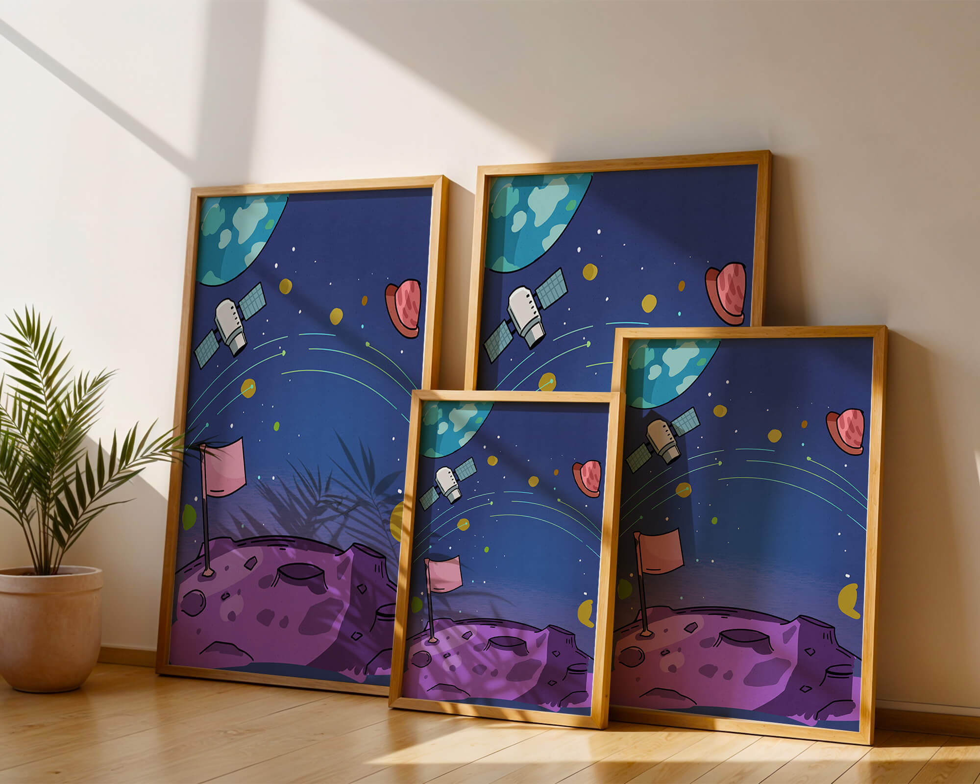Illustration of outer space scene with planets and satellite