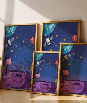 Illustration of outer space scene with planets and satellite
