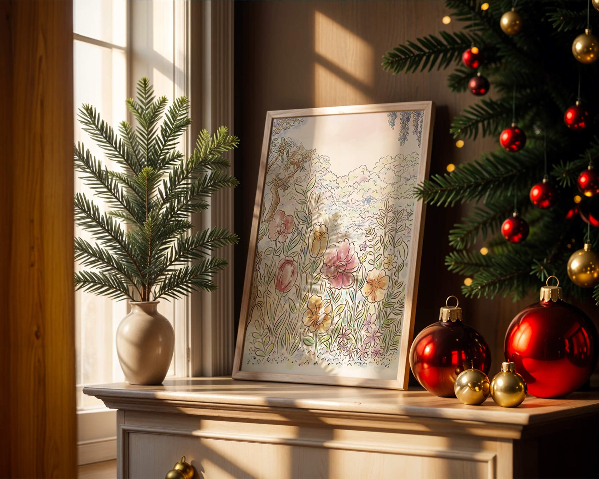 Charming Garden with Bunnies and Blossoming Trees