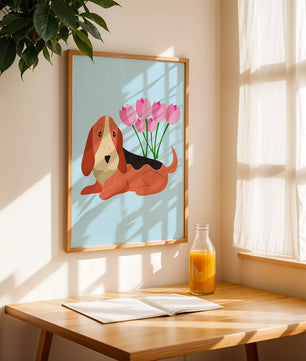 Illustration eines Basset Hound mit rosa Blumen auf hellblauem Hintergrund
