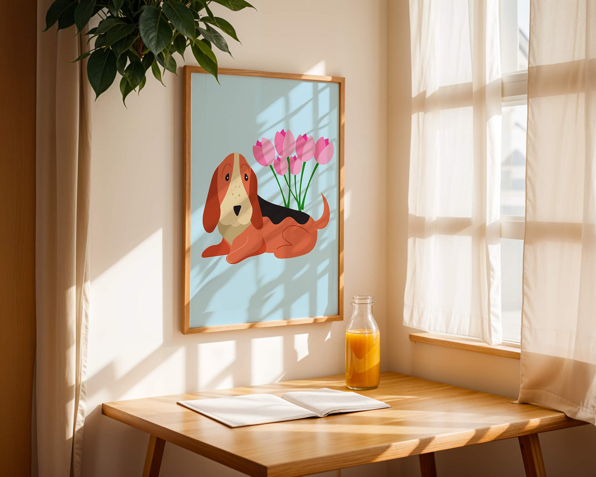 Illustration eines Basset Hound mit rosa Blumen auf hellblauem Hintergrund