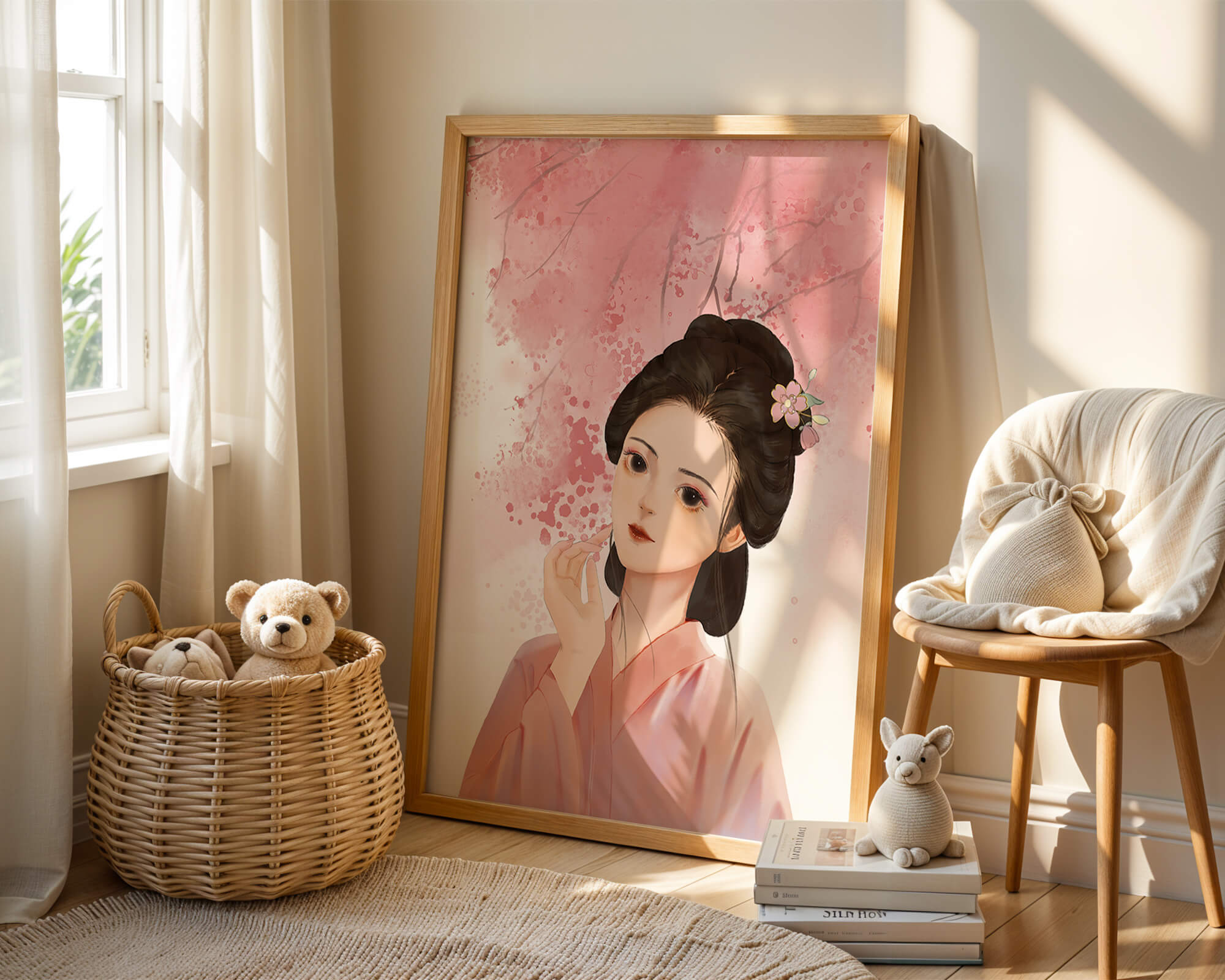 Traditional Japanese woman with pink cherry blossoms in the background