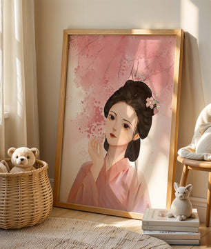 Femme japonaise traditionnelle avec des fleurs de cerisier roses en arrière-plan