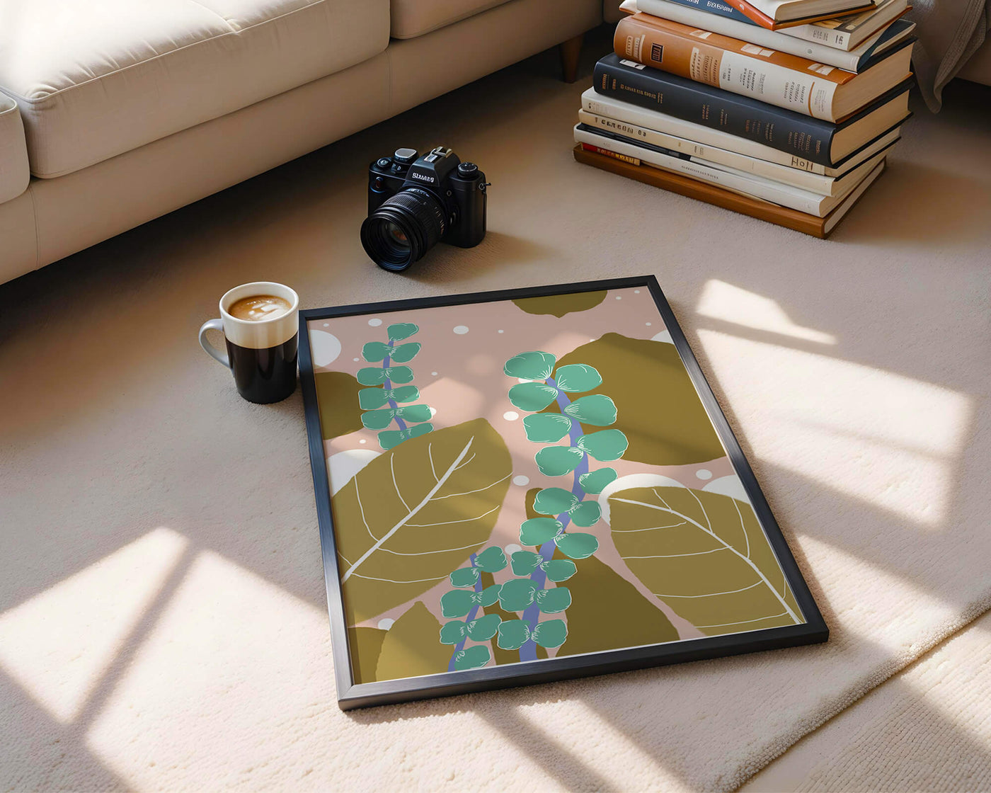 Abstract botanical design with green and golden leaves