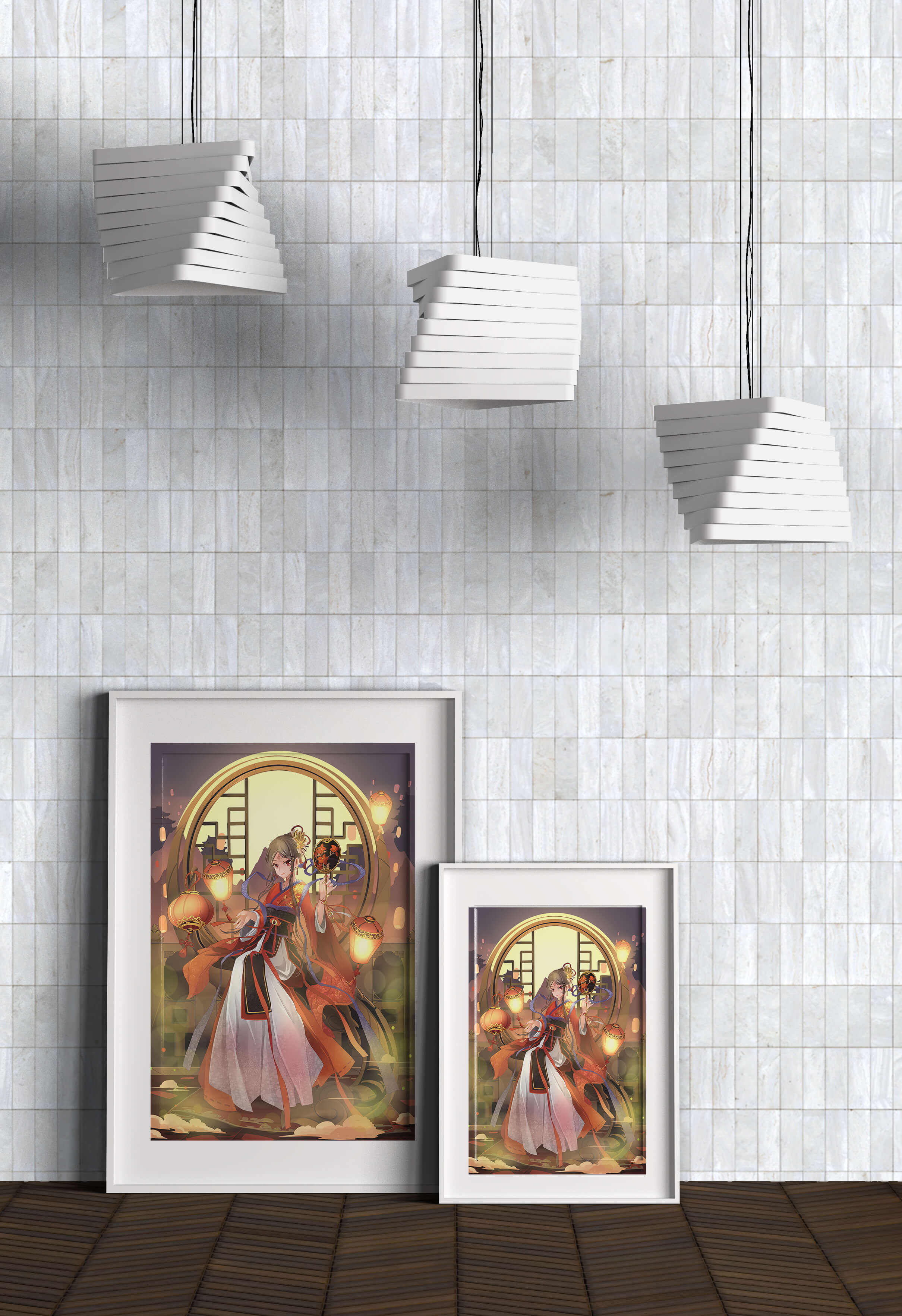 Elegant Asian-inspired fantasy artwork with lanterns